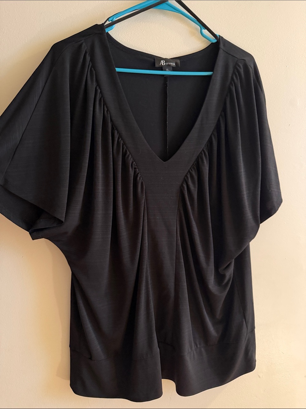 AB Studio Black V-Neck Pleated Dolman Blouse